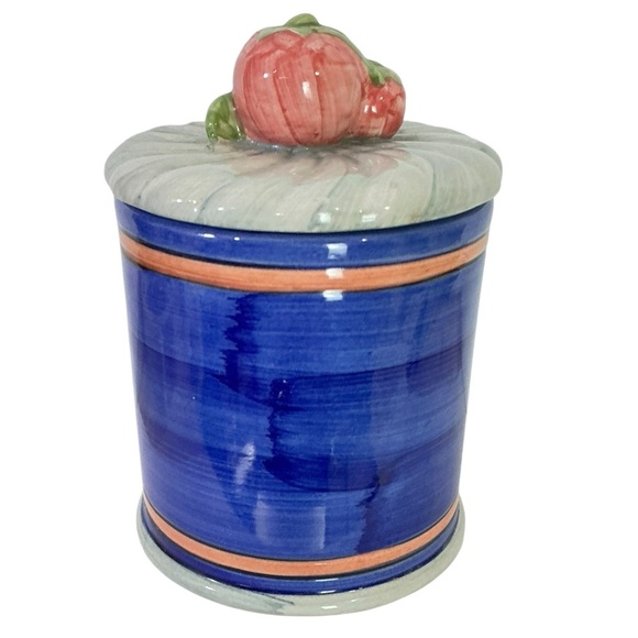 Vintage Canister Tomato Farmhouse Multipurpose Jar Ceramic Blue 3 Cup 5.25” Tall - Picture 11 of 16